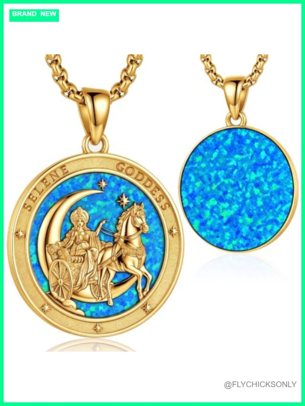 Greek Selene Moon Goddess Pendant Necklace 18k Gold Plated Blue Opal Wiccan